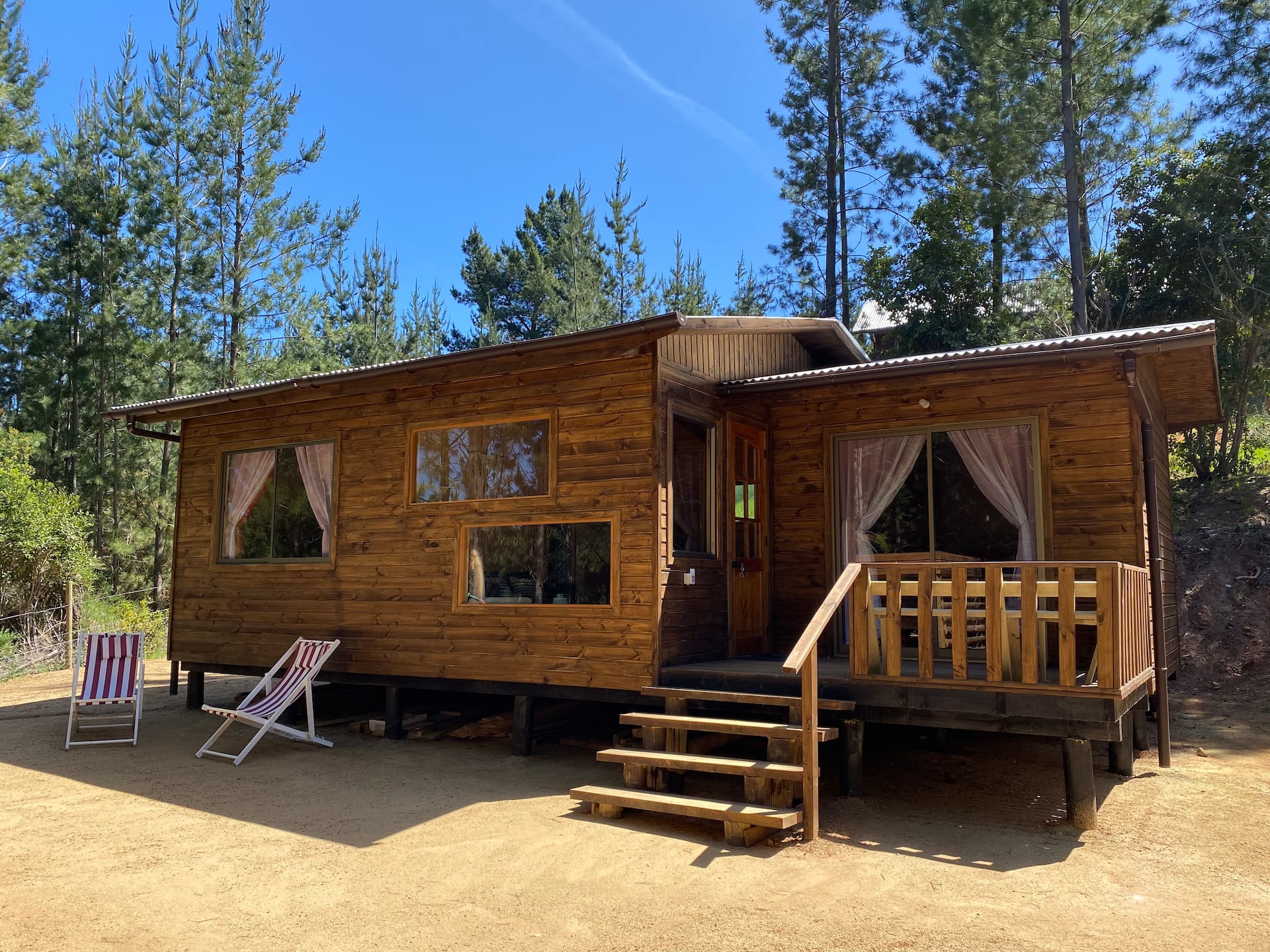 Fachada de la cabaña Bosque Escondido entre los pinos, con su terraza y las sillas al sol